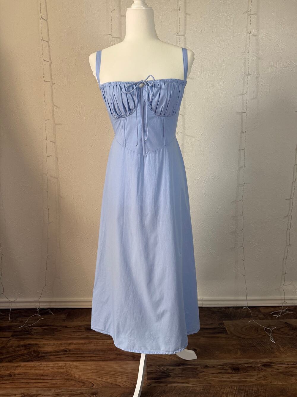 SIM & SAM Blue Cotton Corset Midi Dress Lace Up Back Sundress - Size Small